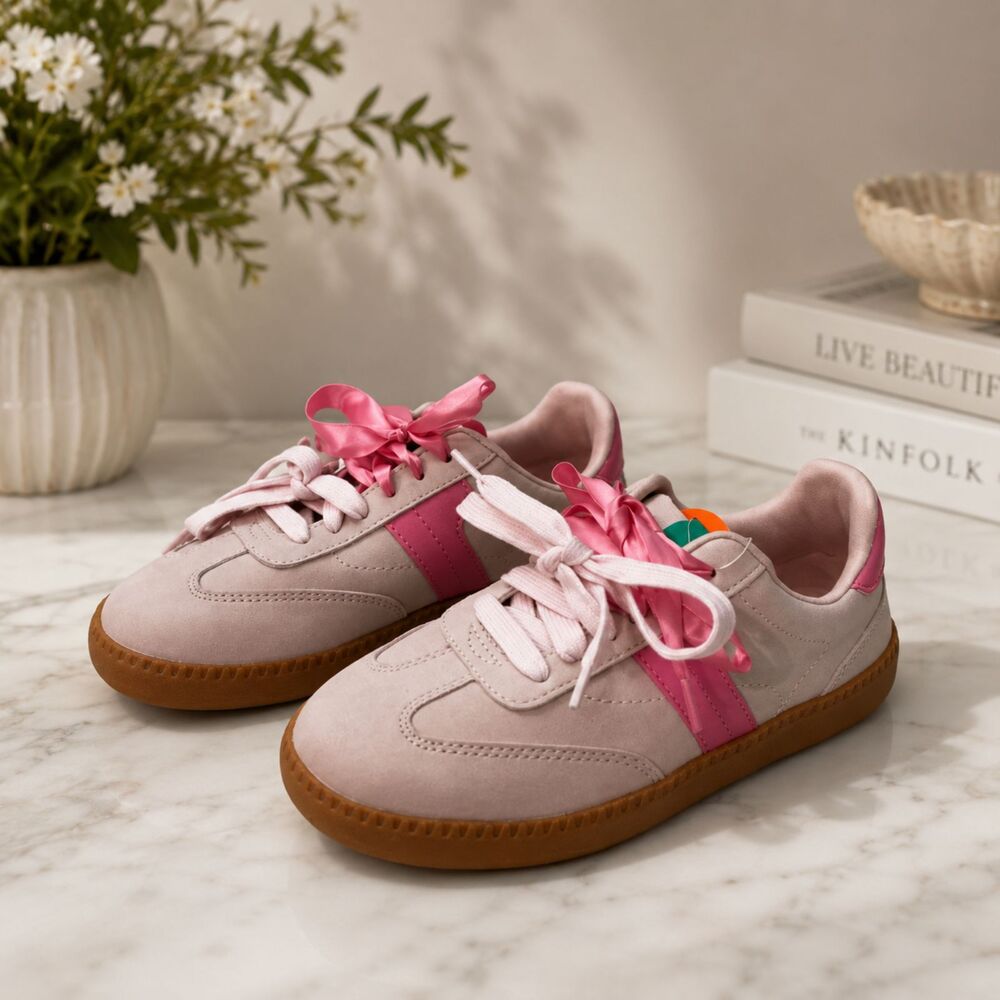 Wonder Nation Girls Pink Sneakers Bow Lace Gum Sole Casual Shoes Size 1 New